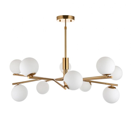 78786-001 Brushed Aged Brass 10 Light Centre Fitting with Matt Opal Glass