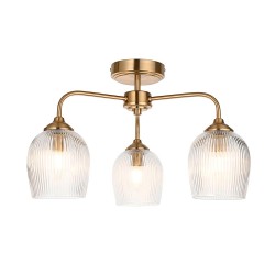 78802-001 Brushed Aged Brass 3 Light Semi Flush with Clear Ribbed Glass