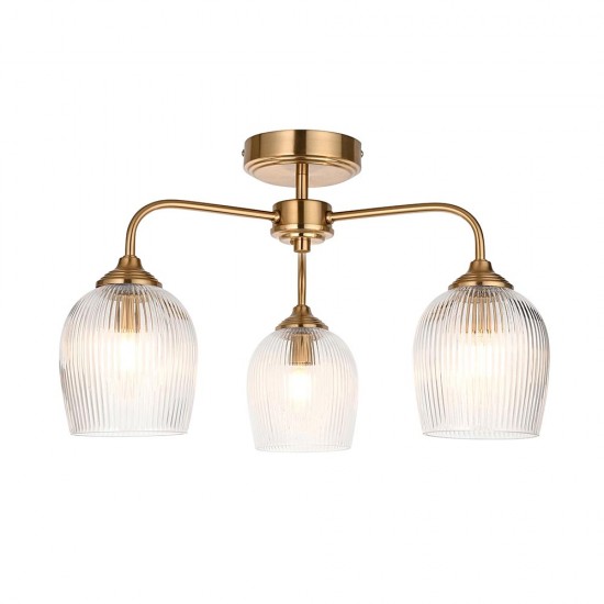 78802-001 Brushed Aged Brass 3 Light Semi Flush with Clear Ribbed Glass