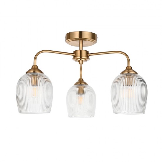 78802-001 Brushed Aged Brass 3 Light Semi Flush with Clear Ribbed Glass
