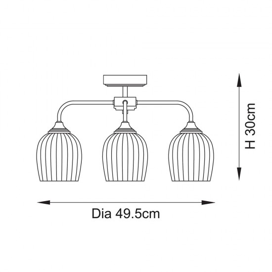 78802-001 Brushed Aged Brass 3 Light Semi Flush with Clear Ribbed Glass