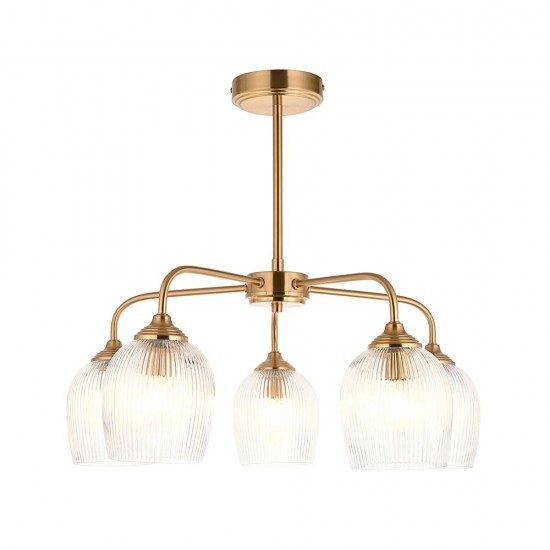 78804-001 Brushed Aged Brass 5 Light Semi Flush with Clear Ribbed Glass