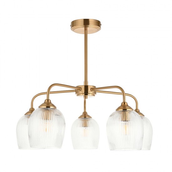 78804-001 Brushed Aged Brass 5 Light Semi Flush with Clear Ribbed Glass