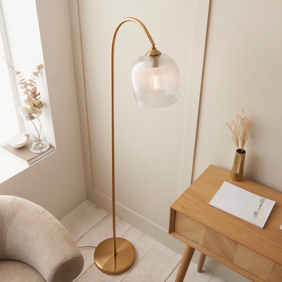 78806-001 Brushed Aged Brass Floor Lamp with Clear Ribbed Glass