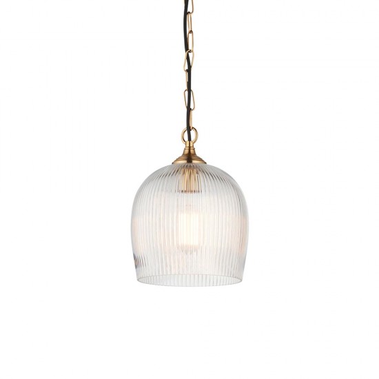78810-001 Brushed Aged Brass Pendant with Clear Ribbed Glass