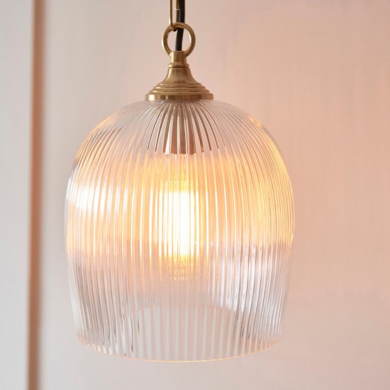78810-001 Brushed Aged Brass Pendant with Clear Ribbed Glass