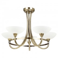 443-001 Antique Brass 5 Light Centre Fitting with White Glasses 443-001 Antique Brass 5 Light Centre Fitting with White Glasses