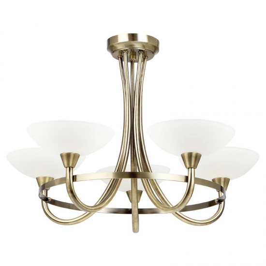 443-001 Antique Brass 5 Light Centre Fitting with White Glasses