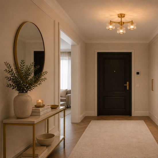 78817-001 Brushed Aged Brass 3 Light Centre Fitting with Clear Ribbed Glass