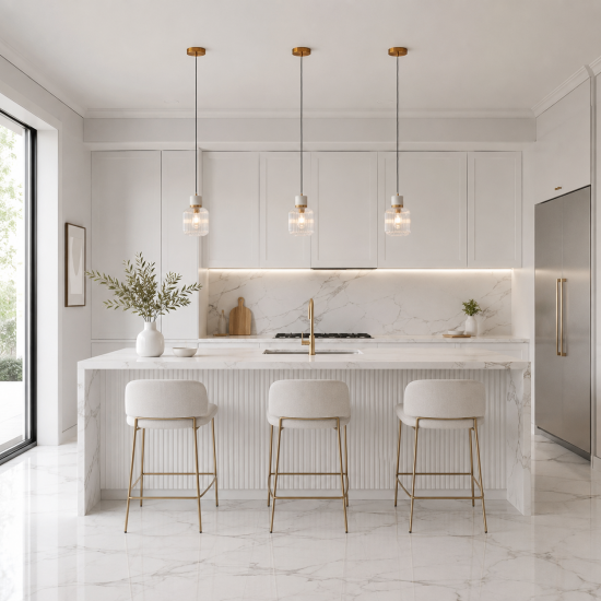 78831-001 White Volakas Marble Pendant with Clear Ribbed Glass