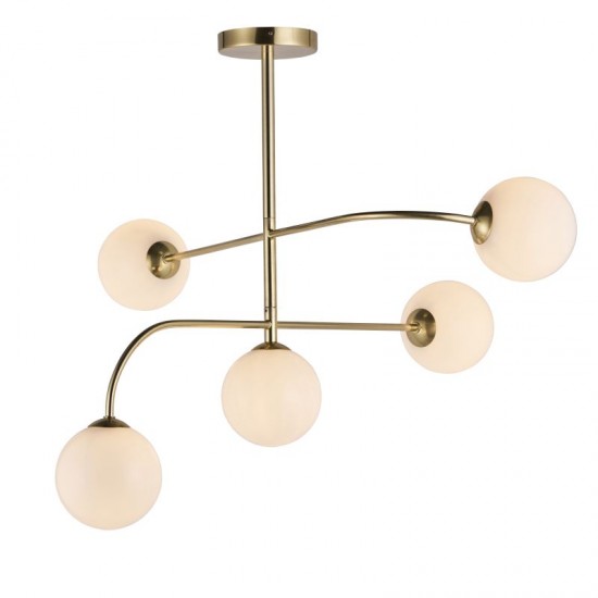 50790-001 Brushed Brass 5 Light Centre Fitting with White Glasses
