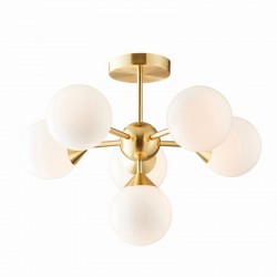 50901-001 Brushed Brass 6 Light Semi Flush with Gloss White Glasses