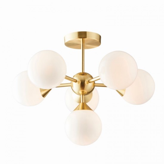 50901-001 Brushed Brass 6 Light Semi Flush with Gloss White Glasses