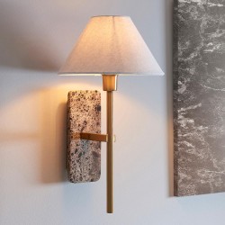 78819-001 Brown Marble & Vintage Brass Wall Lamp with Natural Linen