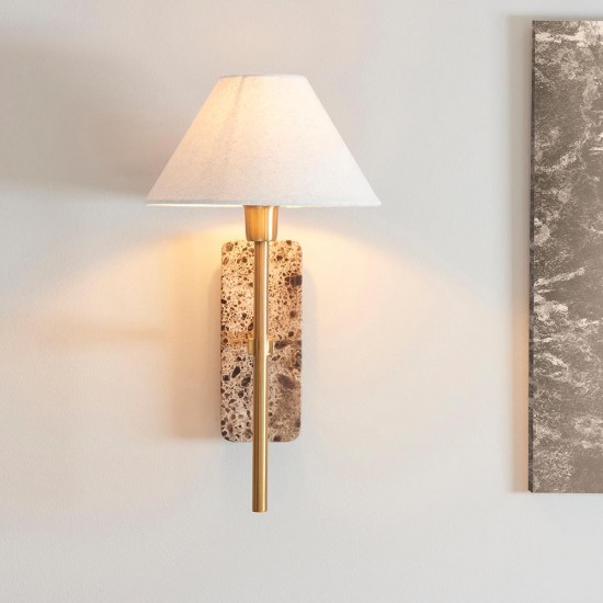 78819-001 Brown Marble & Vintage Brass Wall Lamp with Natural Linen
