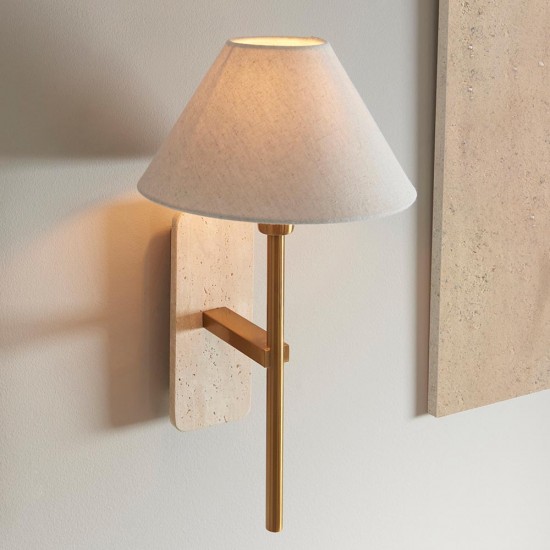 78820-001 Travertine Stone & Vintage Brass Wall Lamp with Natural Linen