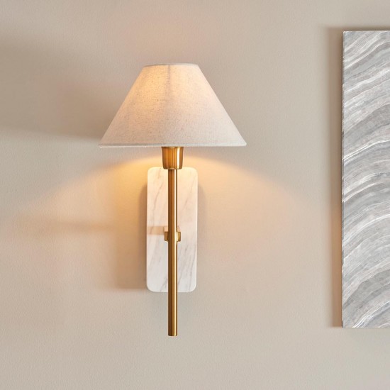 78821-001 White Marble & Vintage Brass Wall Lamp with Natural Linen
