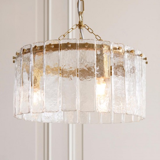 78770-001 Brushed Aged Brass 3 Light Pendant with Clear Textured Glass Panels