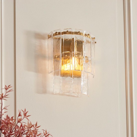 78773-001 Brushed Aged Brass Wall Lamp with Clear Textured Glass Panels