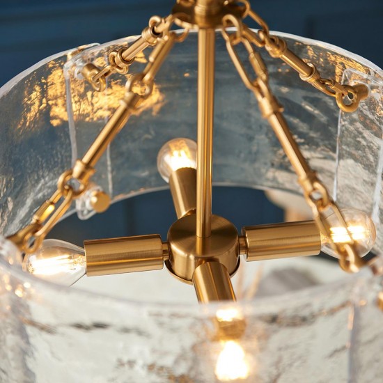 78780-001 Brushed Aged Brass 4 Light Pendant with Clear Textured Curved Glass
