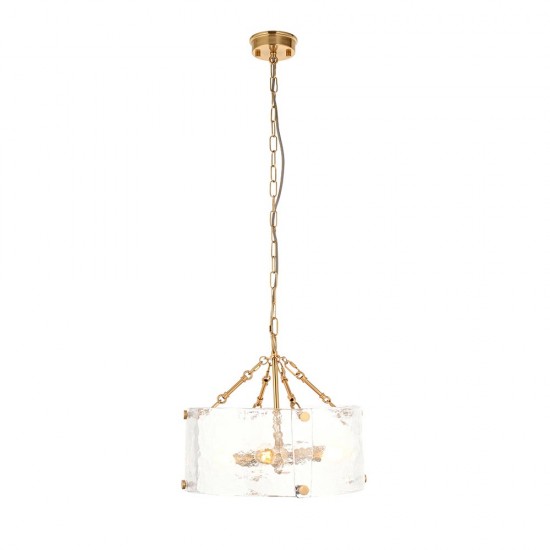 78780-001 Brushed Aged Brass 4 Light Pendant with Clear Textured Curved Glass