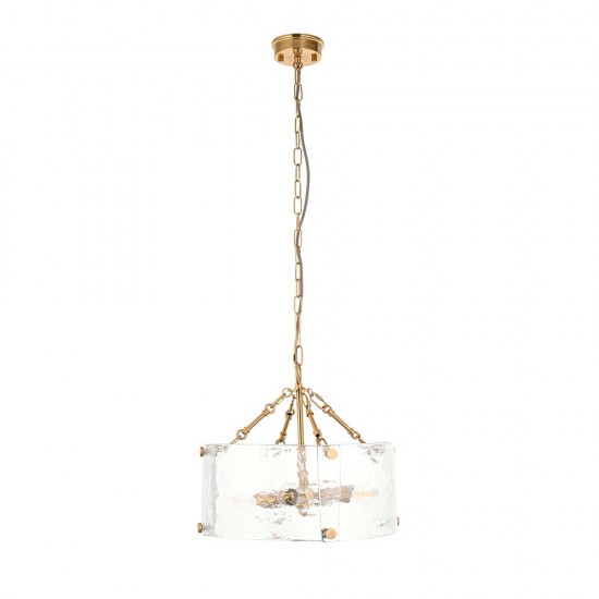 78780-001 Brushed Aged Brass 4 Light Pendant with Clear Textured Curved Glass
