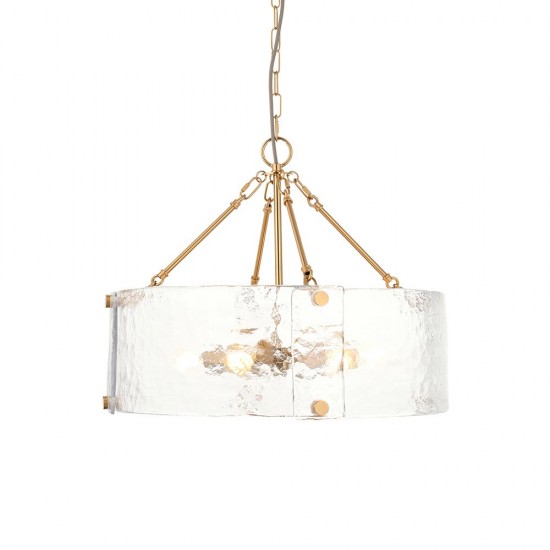 78781-001 Brushed Aged Brass 6 Light Pendant with Clear Textured Curved Glass