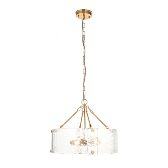78781-001 Brushed Aged Brass 6 Light Pendant with Clear Textured Curved Glass