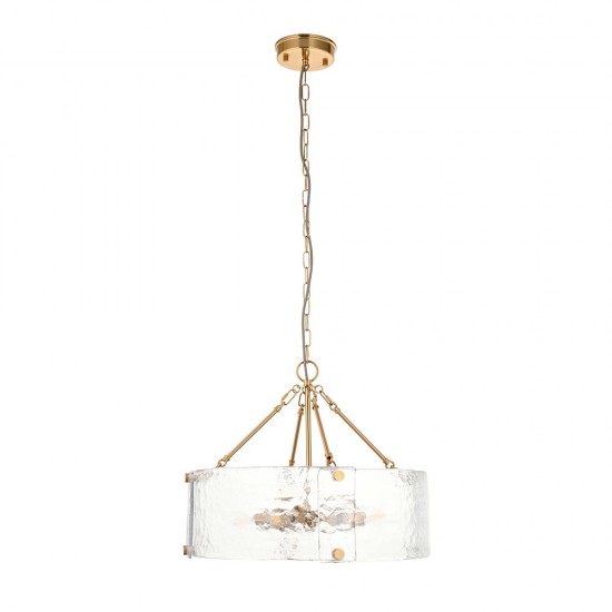 78781-001 Brushed Aged Brass 6 Light Pendant with Clear Textured Curved Glass