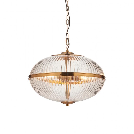 78779-001 Vintage Brass 3 Light Pendant with Clear Ribbed Glass
