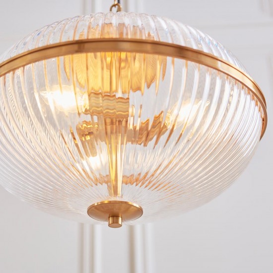 78779-001 Vintage Brass 3 Light Pendant with Clear Ribbed Glass