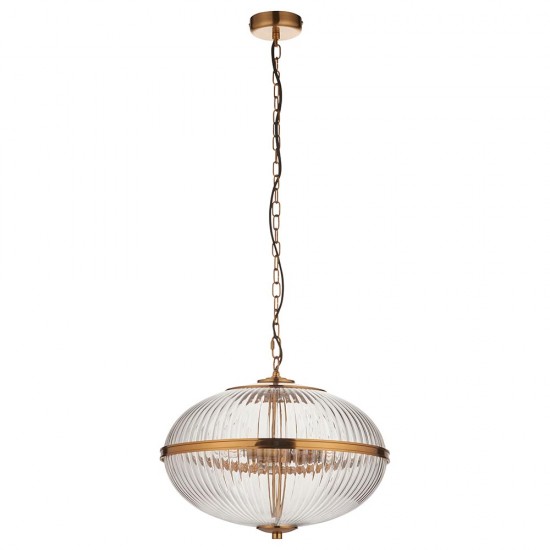 78779-001 Vintage Brass 3 Light Pendant with Clear Ribbed Glass