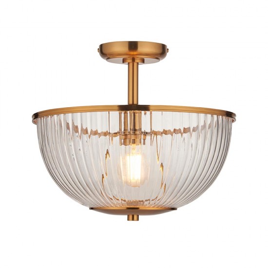 78789-001 Vintage Brass Uplighter Semi Flush with Clear Ribbed Glass