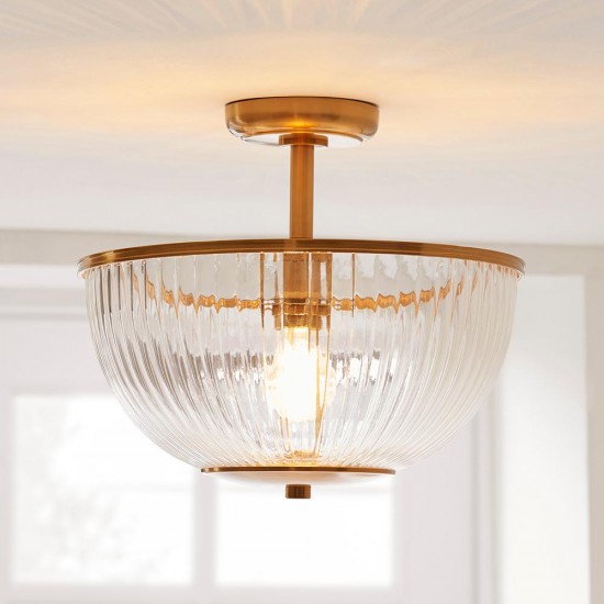 78789-001 Vintage Brass Uplighter Semi Flush with Clear Ribbed Glass