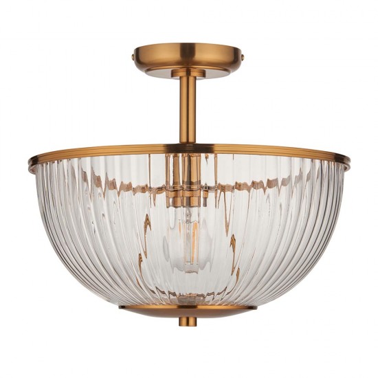 78789-001 Vintage Brass Uplighter Semi Flush with Clear Ribbed Glass