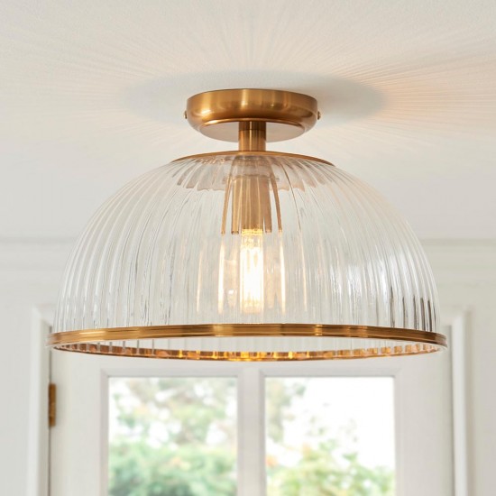 78790-001 Vintage Brass Downlight Semi Flush with Clear Ribbed Glass
