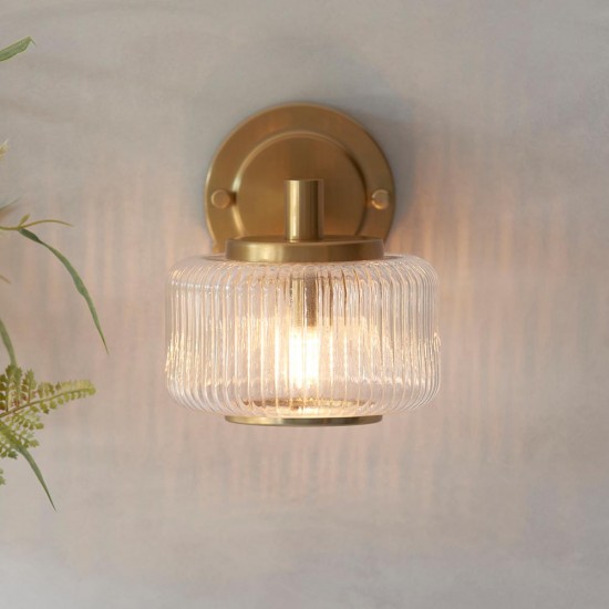 78816-001 Brushed Aged Brass Wall Lamp with Clear Ribbed Glass
