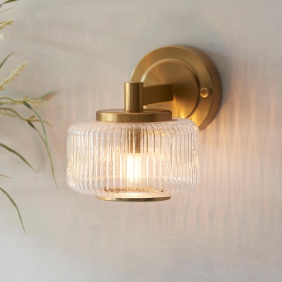 78816-001 Brushed Aged Brass Wall Lamp with Clear Ribbed Glass