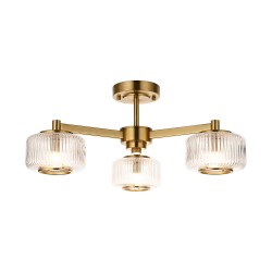 78817-001 Brushed Aged Brass 3 Light Centre Fitting with Clear Ribbed Glass