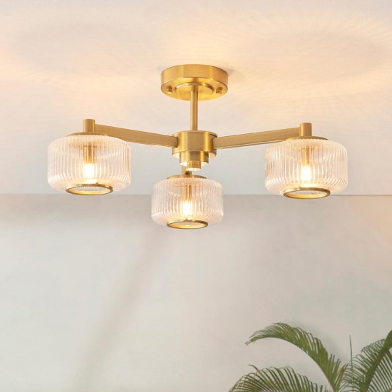 78817-001 Brushed Aged Brass 3 Light Centre Fitting with Clear Ribbed Glass