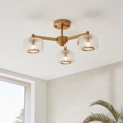78817-001 Brushed Aged Brass 3 Light Centre Fitting with Clear Ribbed Glass