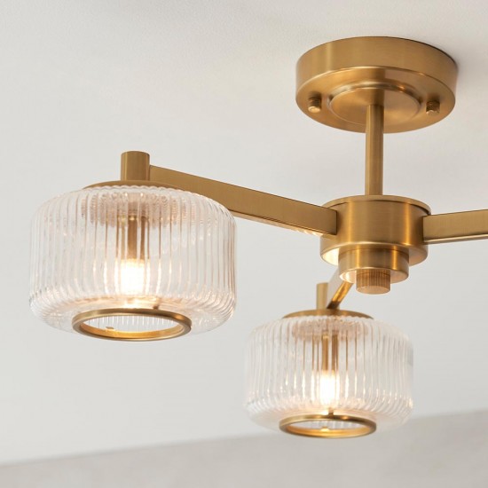 78817-001 Brushed Aged Brass 3 Light Centre Fitting with Clear Ribbed Glass