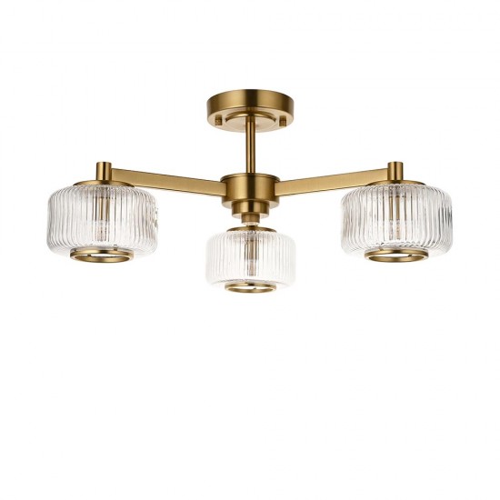 78817-001 Brushed Aged Brass 3 Light Centre Fitting with Clear Ribbed Glass
