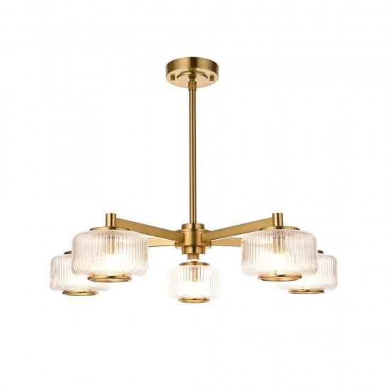 78818-001 Brushed Aged Brass 5 Light Centre Fitting with Clear Ribbed Glass