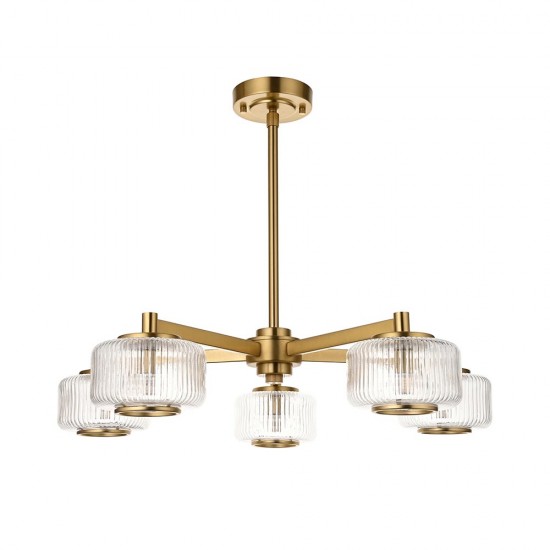 78818-001 Brushed Aged Brass 5 Light Centre Fitting with Clear Ribbed Glass