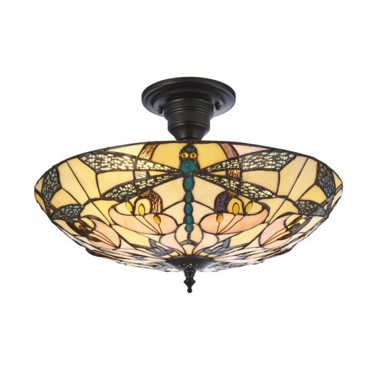 78858-001 Satin Black 3 Light Semi Flush with Tiffany Glass