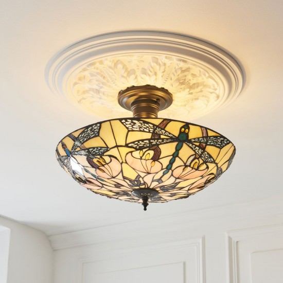78858-001 Satin Black 3 Light Semi Flush with Tiffany Glass