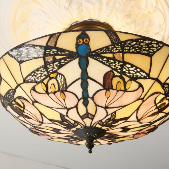 78858-001 Satin Black 3 Light Semi Flush with Tiffany Glass