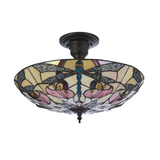78858-001 Satin Black 3 Light Semi Flush with Tiffany Glass
