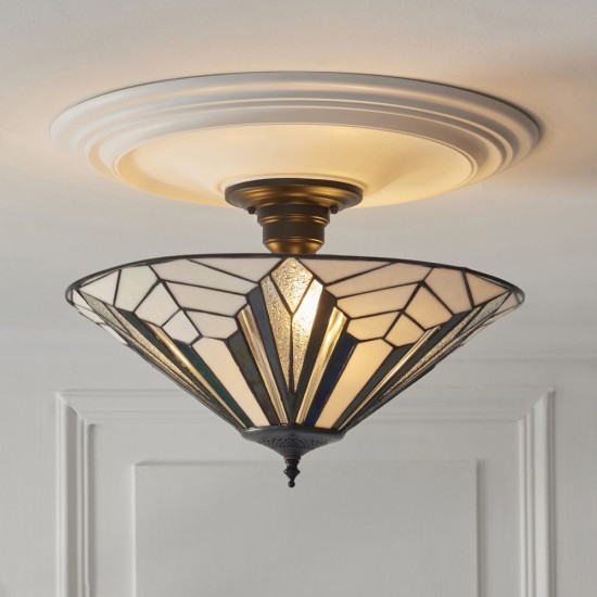 78859-001 Satin Black 3 Light Semi Flush with Tiffany Glass